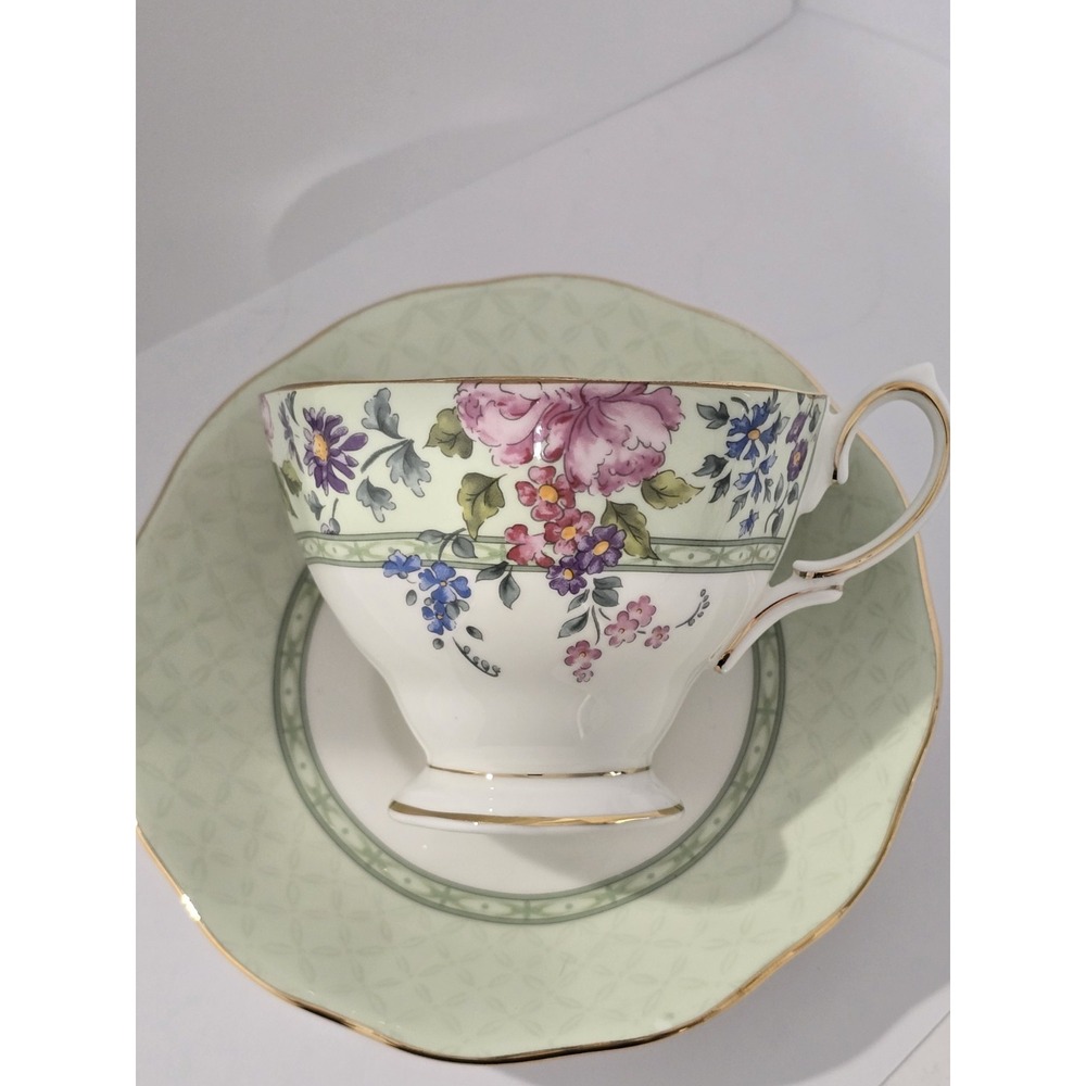 Royal Albert Hampton Bone China Cup & Saucer Set Floral Green Gold Trim